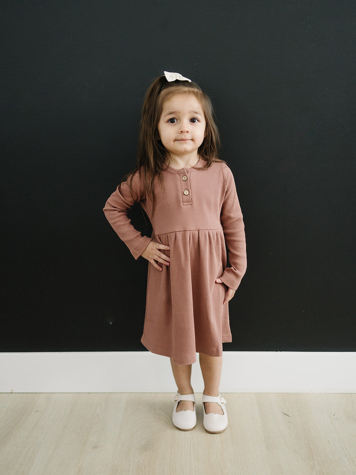 Dusty Rose Long Sleeve Button Ribbed Organic Dress