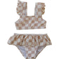 Taupe Checkered Ruffle Bikini Set