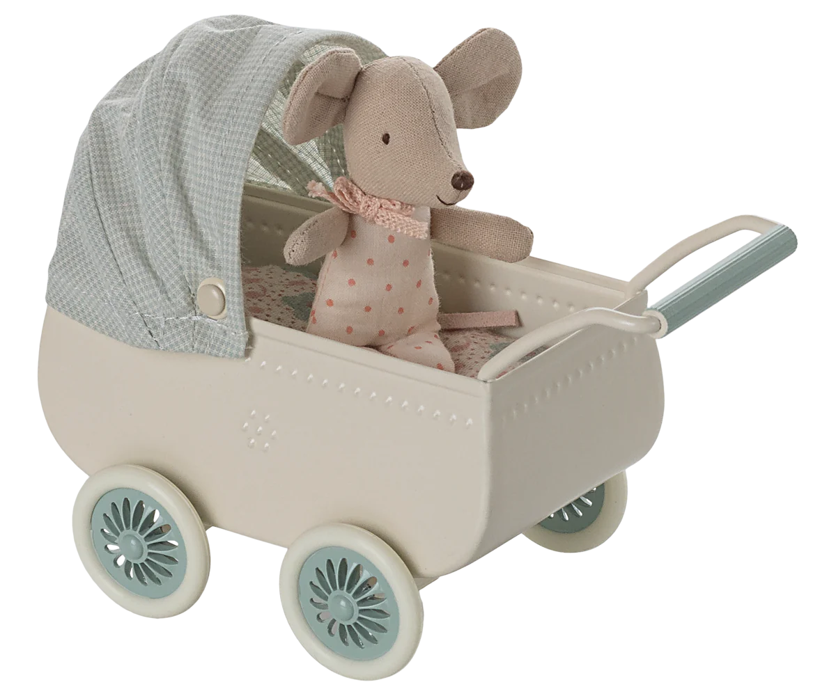 Pram with baby mouse - Mint