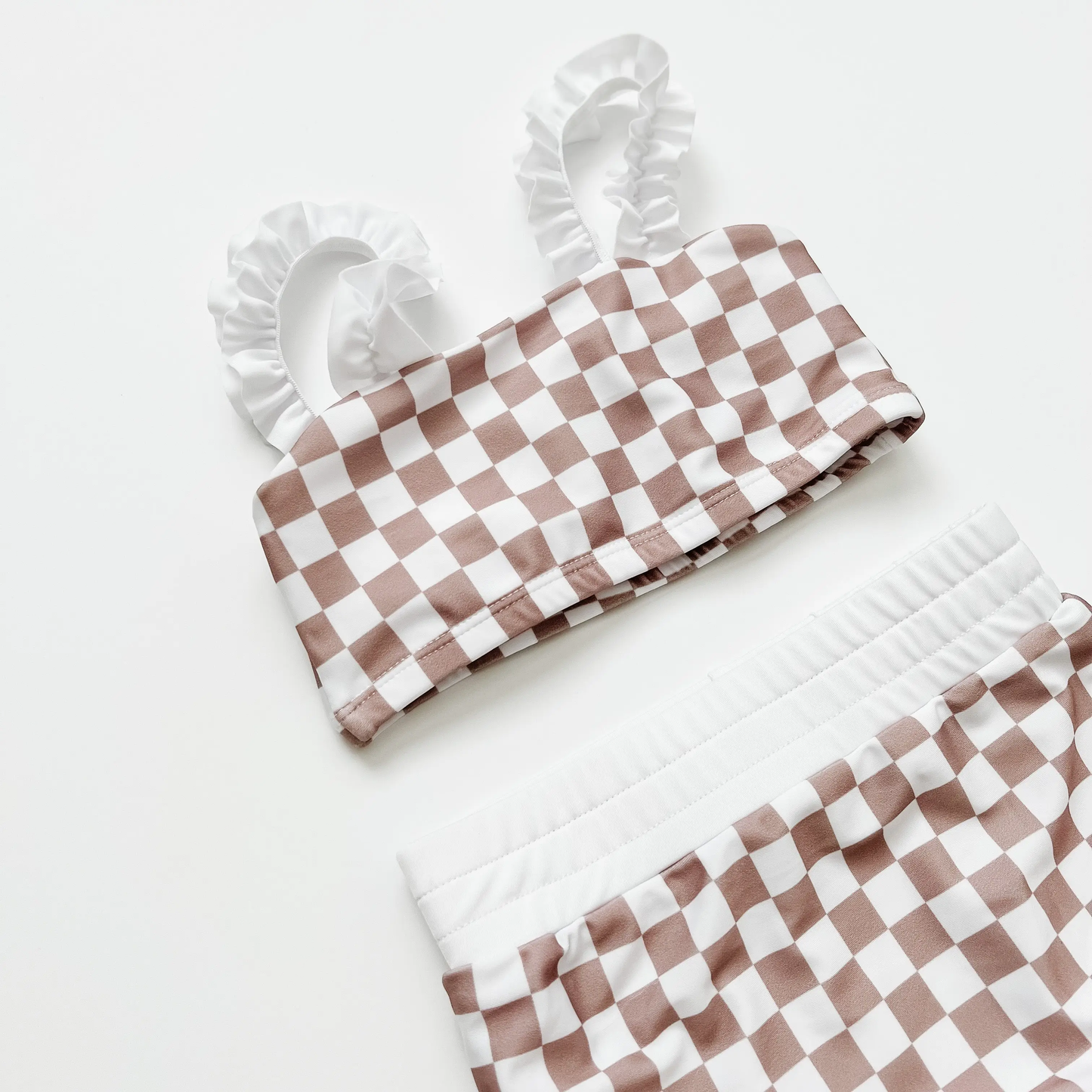 Strap Bandeau Bikini Set - Tan Checkered