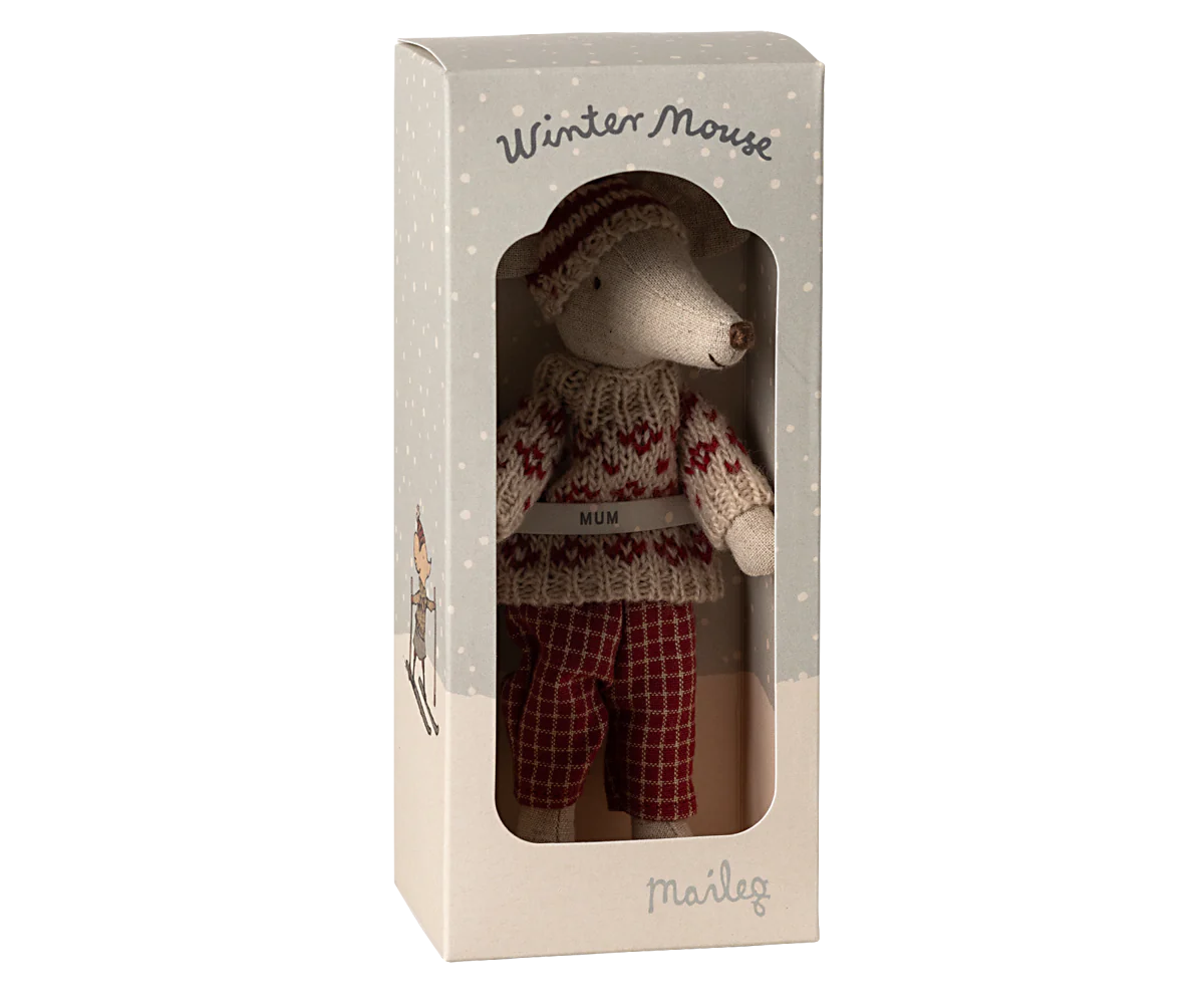 Winter mouse with ski set, Mum - Red